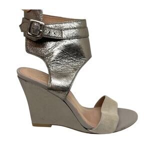 JOIE Waylen Metallic Leather Buckle Wedge Heels Sandals Silver Gray Sz 37.5(7.5)